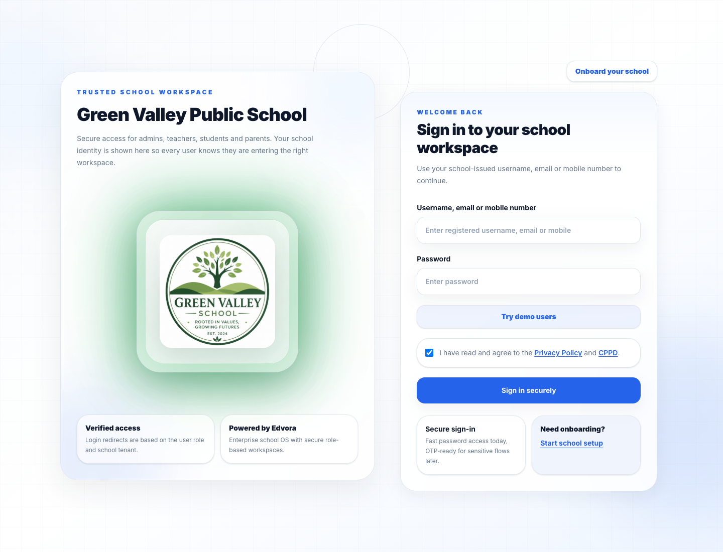 Edvora login page screenshot