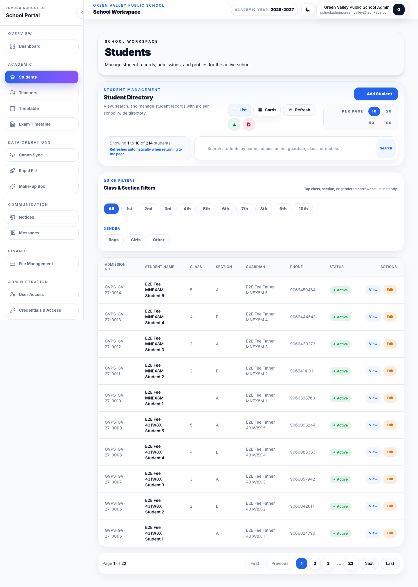Edvora student management screenshot