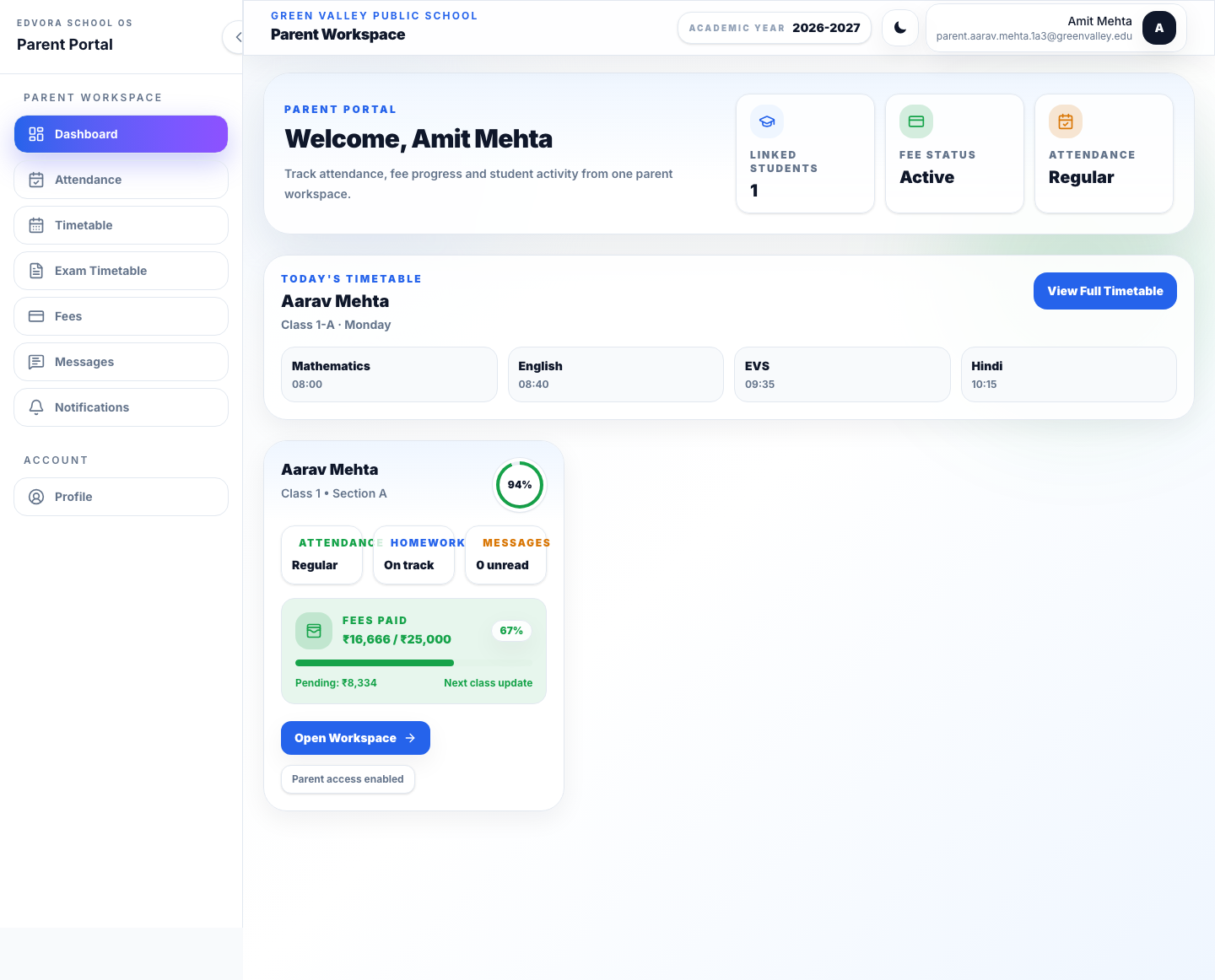 Edvora parent dashboard screenshot